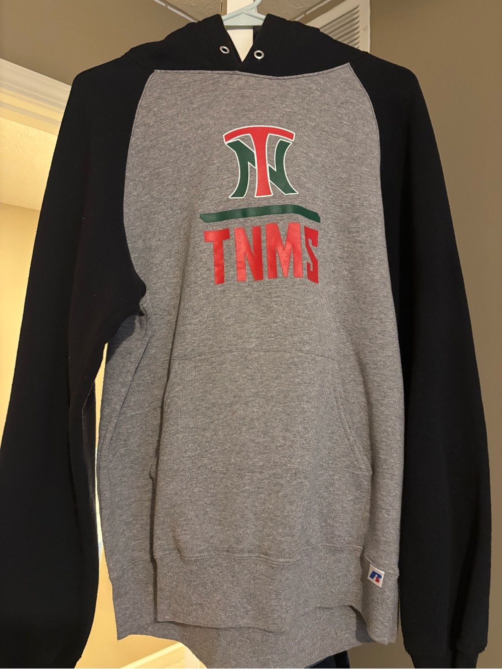 Russell Athletic Grey & Black Zip-Up Hoodie with Red & Green Logo